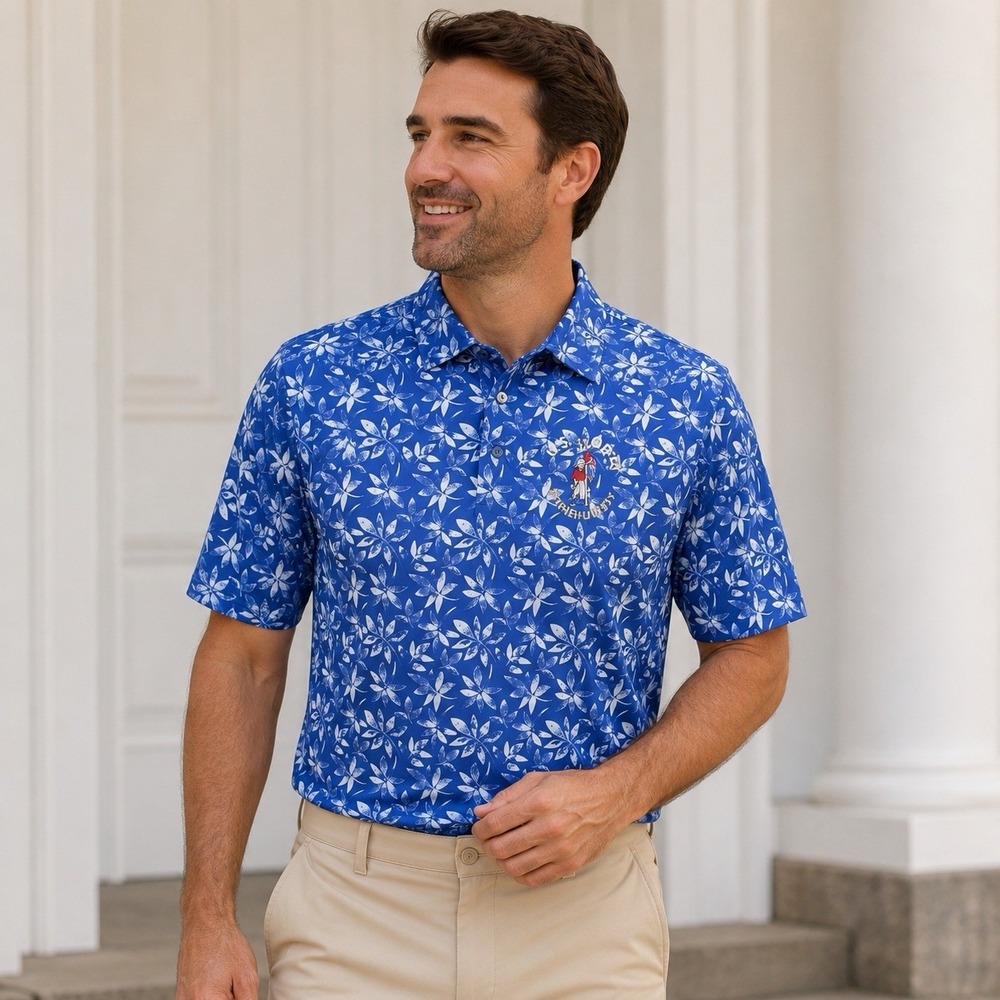 US Open Pinehurst Golf Polo Mens XL Blue Floral Stretch Performance Shirt